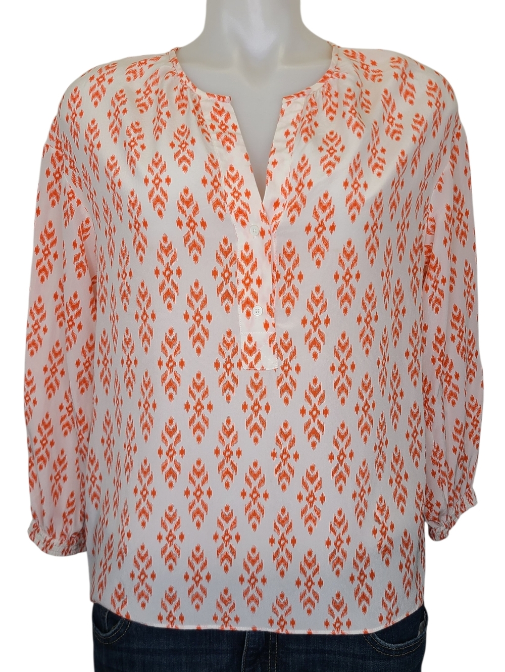 Joie Dimna 100% Silk Ikat Print Blouse Top White Orange XS Small